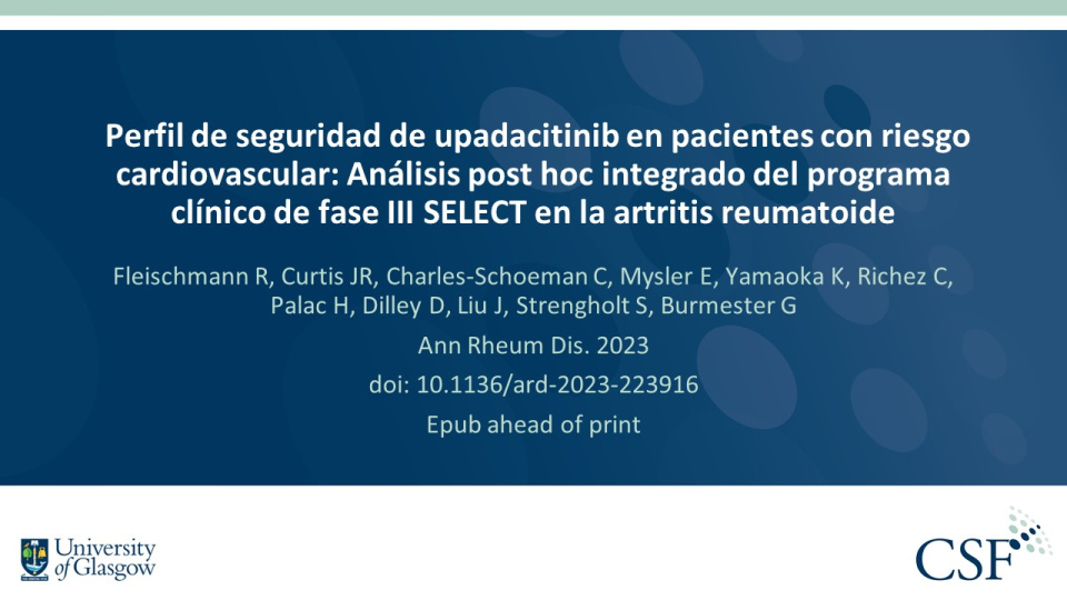 Publication thumbnail: Perfil de seguridad de upadacitinib en pacientes con riesgo cardiovascular: Análisis post hoc integrado del programa clínico de fase III SELECT en la artritis reumatoide