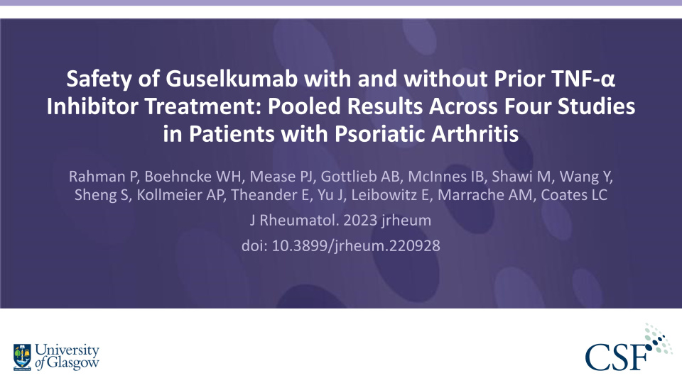 Publication thumbnail: Safety of Guselkumab with and without Prior TNF-α Inhibitor Treatment: Pooled Results Across Four Studies in Patients with Psoriatic Arthritis