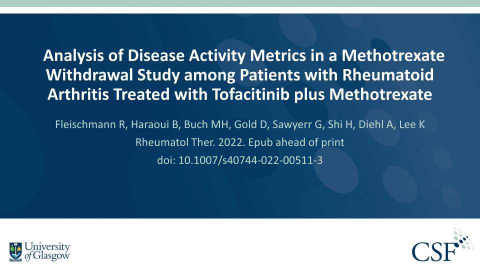 Publication thumbnail: Analysis of Disease Activity Metrics in a Methotrexate Withdrawal Study among Patients with Rheumatoid Arthritis Treated with Tofacitinib plus Methotrexate