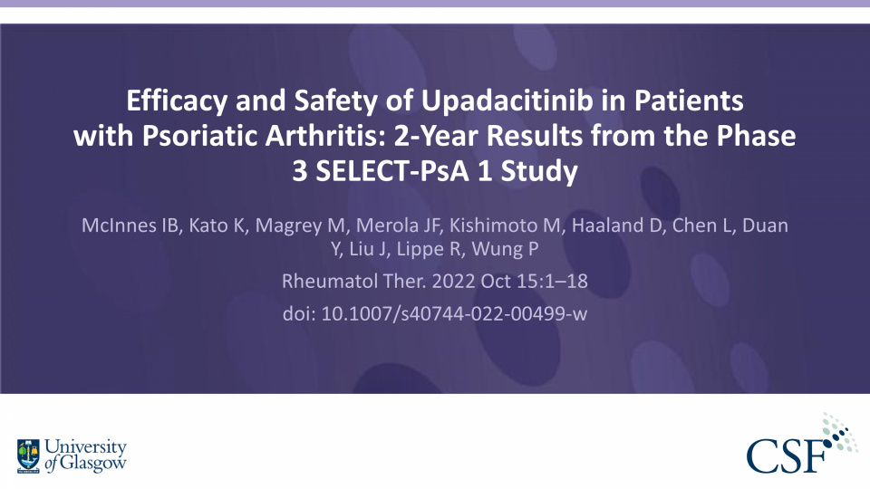 Publication thumbnail: Efficacy and Safety of Upadacitinib in Patients with Psoriatic Arthritis: 2-Year Results from the Phase 3 SELECT-PsA 1 Study