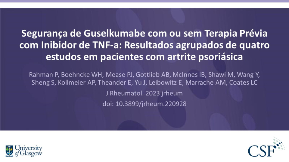 Publication thumbnail: Segurança de Guselkumabe com ou sem Terapia Prévia com Inibidor de TNF-a: Resultados agrupados de quatro estudos em pacientes com artrite psoriásica
