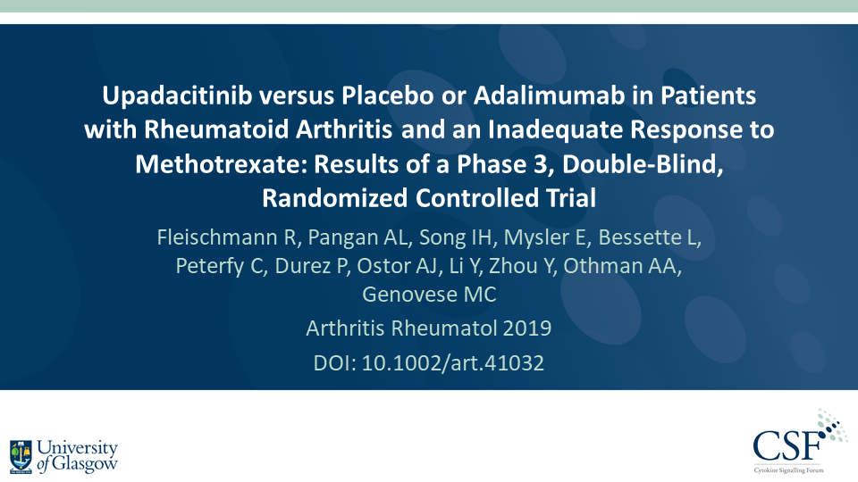 Publication thumbnail: Upadacitinib versus Placebo ou Adalimumab chez des patients atteints de polyarthrite rhumatoïde avec une réponse inadéquate au Méthotrexate: Résultats d'un essai contrôlé de phase 3, randomisé et à double aveugle