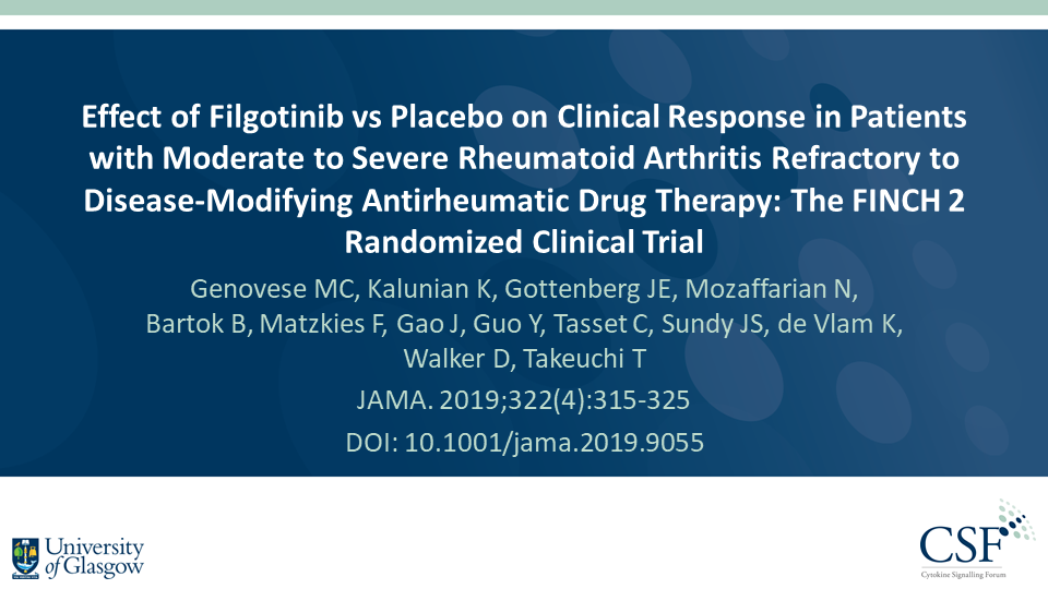 Publication thumbnail: Effet du Filgotinib par rapport au placebo sur la réponse clinique chez des patients atteints de Polyarthrite Rhumatoïde modérée à sévère réfractaire au traitement antirhumatismal modificateur de la maladie: l'essai clinique randomisé FINCH 2