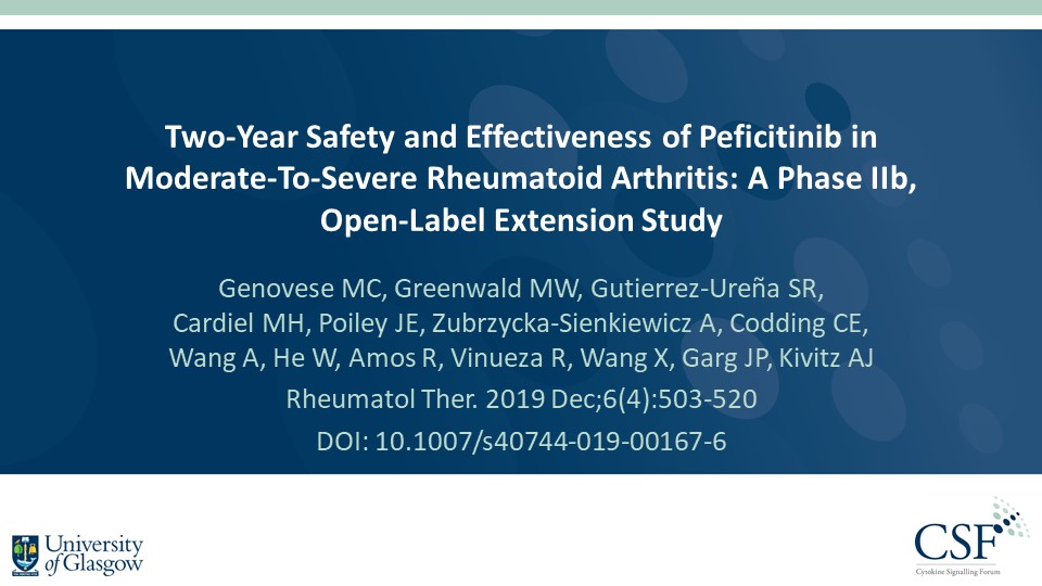 Publication thumbnail: 中等度から重度の関節リウマチにおけるPeficitinibの2年の 安全性と有効性: フェーズ IIb, オープンラベル延長試験