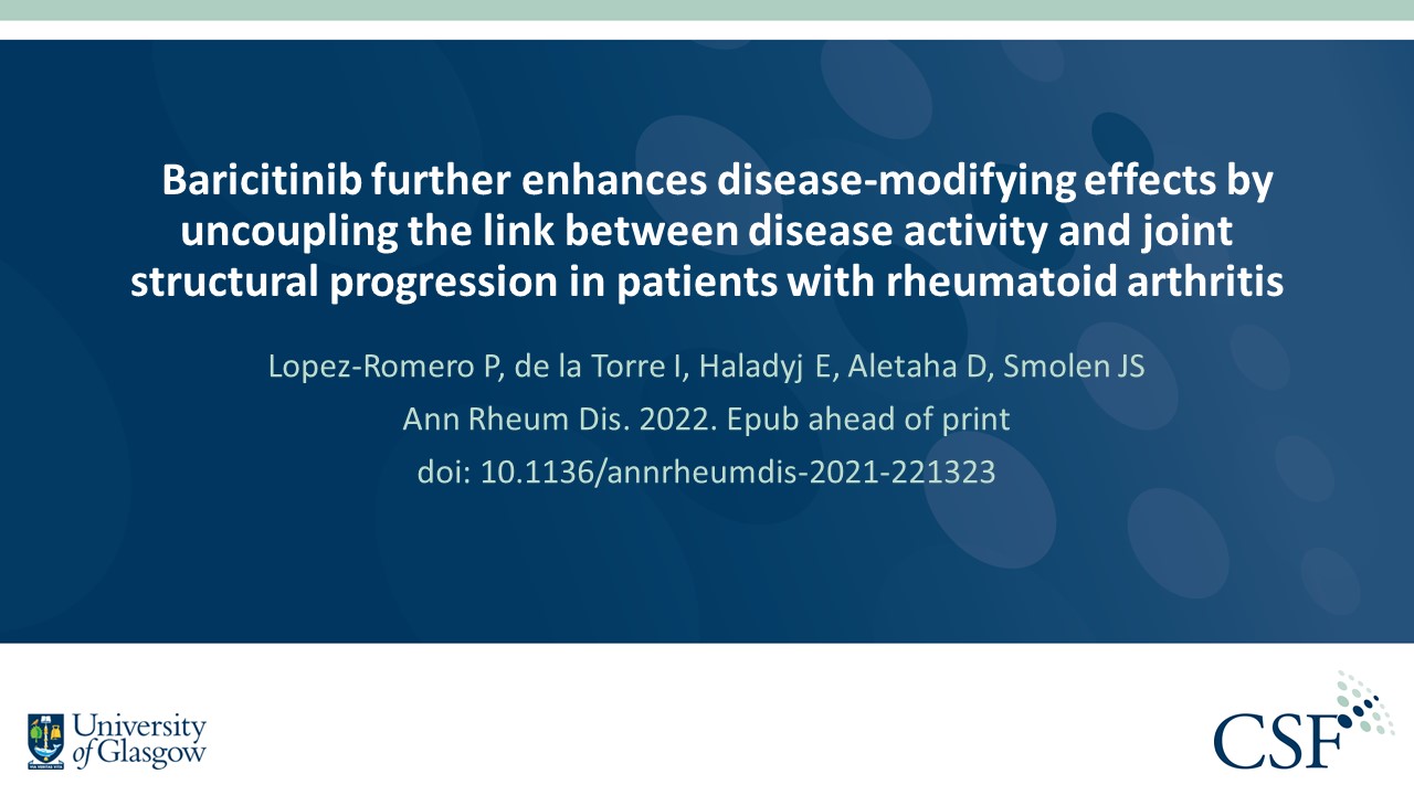 Publication thumbnail: Baricitinib further enhances disease-modifying effects by uncoupling the link between disease activity and joint structural progression in patients with rheumatoid arthritis