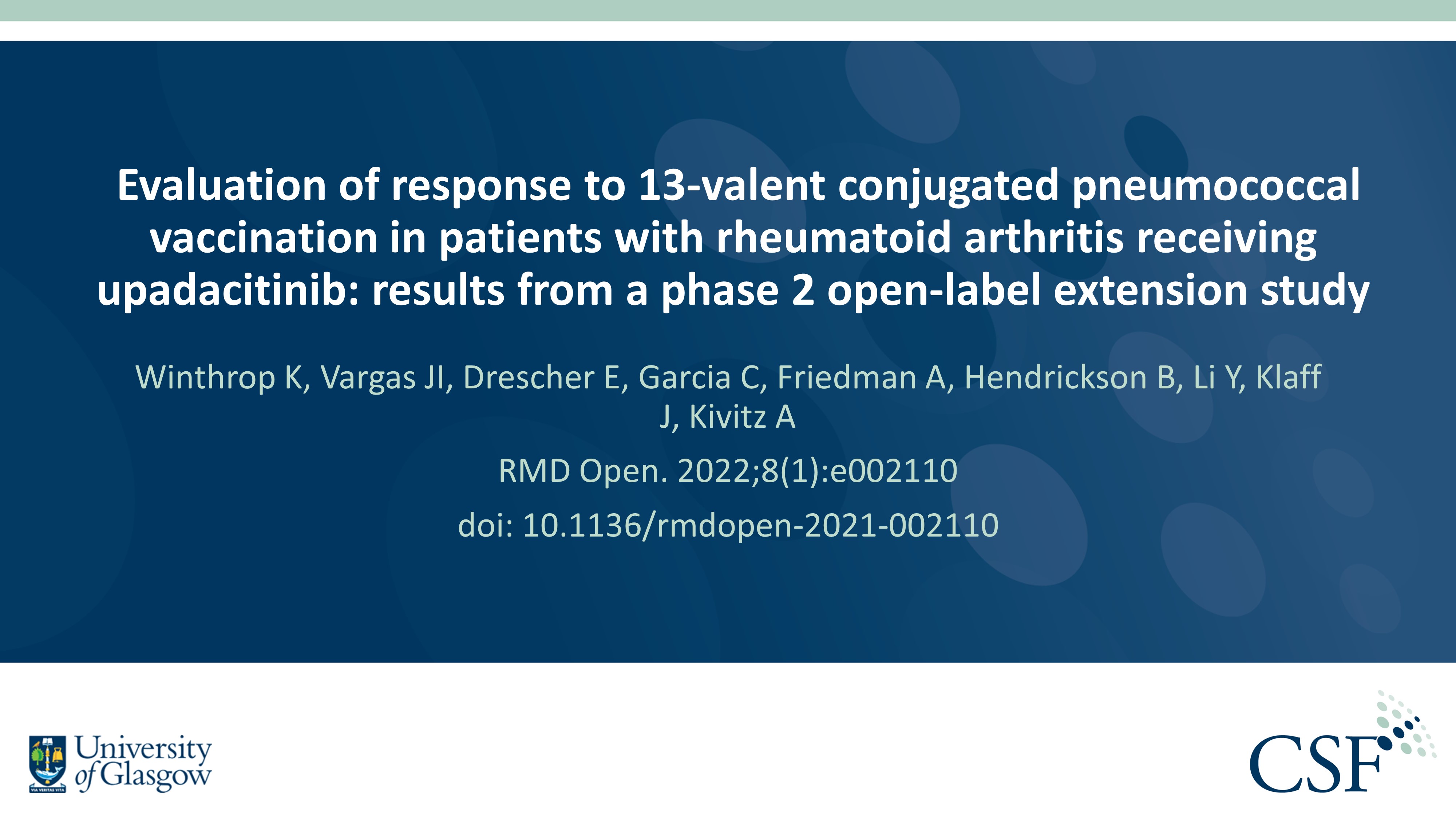Publication thumbnail: Evaluation of response to 13-valent conjugated pneumococcal vaccination in patients with rheumatoid arthritis receiving upadacitinib: results from a phase 2 open-label extension study