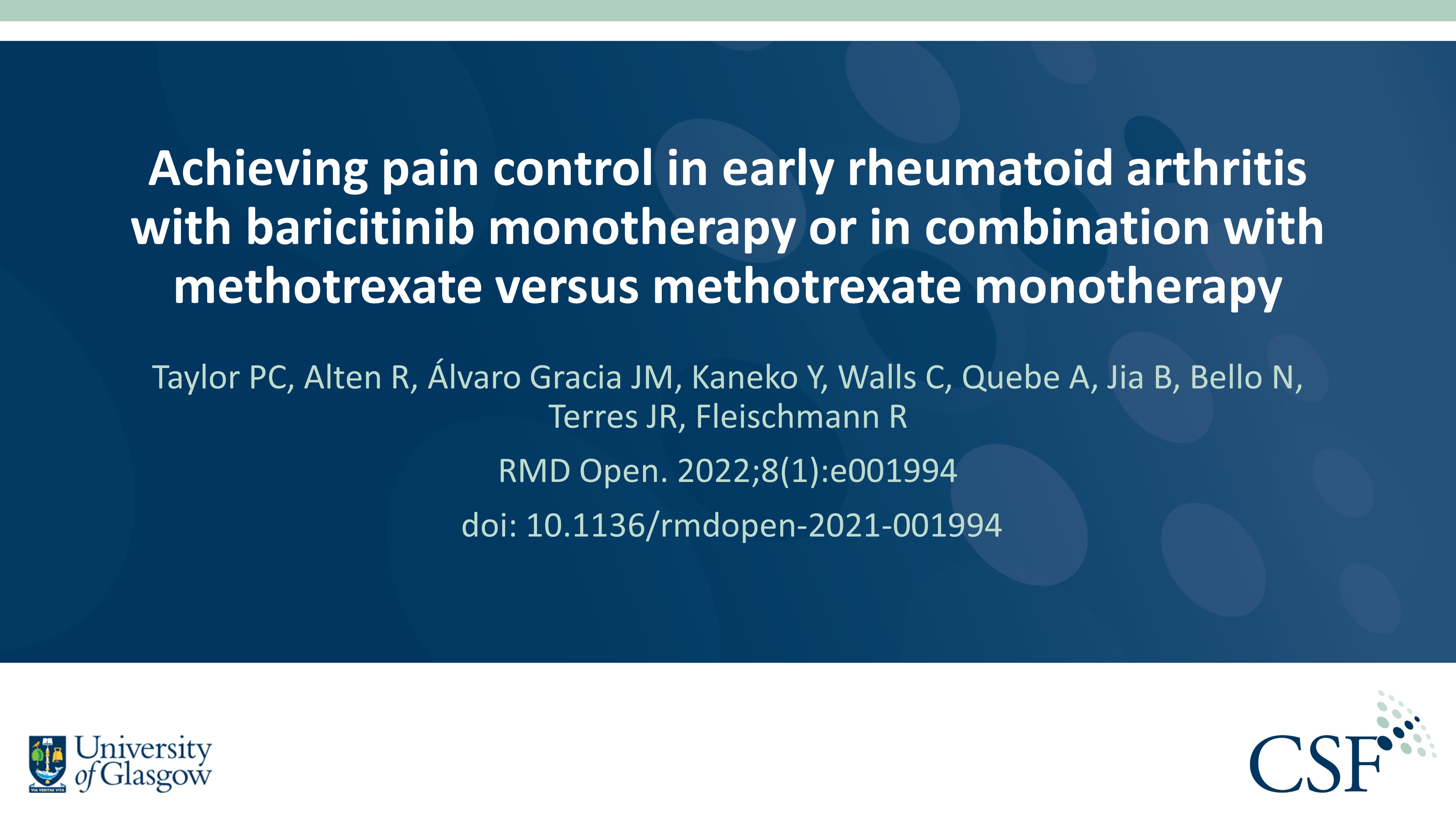 Publication thumbnail: Achieving pain control in early rheumatoid arthritis with baricitinib monotherapy or in combination with methotrexate versus methotrexate monotherapy