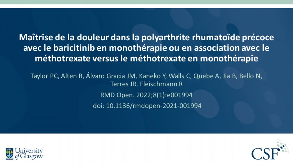 Publication thumbnail: Maîtrise de la douleur dans la polyarthrite rhumatoïde précoce avec le baricitinib en monothérapie ou en association avec le méthotrexate versus le méthotrexate en monothérapie