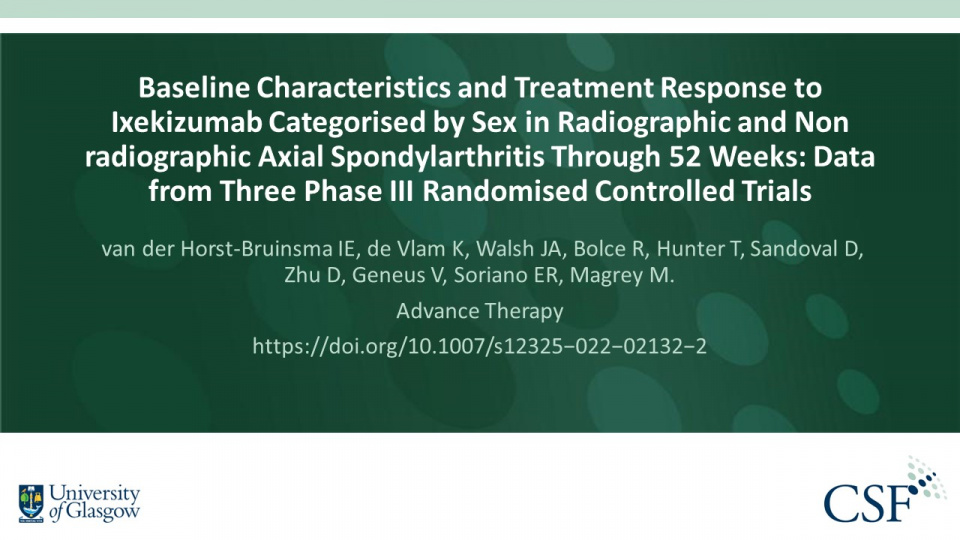 Publication thumbnail: Baseline Characteristics and Treatment Response to Ixekizumab Categorised by Sex in Radiographic and Non radiographic Axial Spondylarthritis Through 52 Weeks: Data from Three Phase III Randomised Controlled Trials
