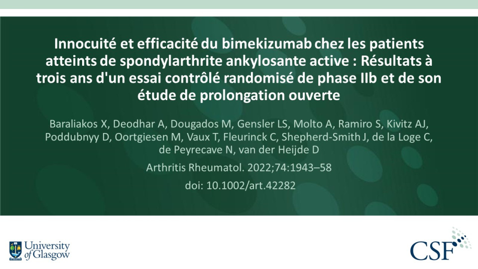 Publication thumbnail: Innocuité et efficacité du bimekizumab chez les patients atteints de spondylarthrite ankylosante active : Résultats à trois ans d'un essai contrôlé randomisé de phase IIb et de son étude de prolongation ouverte