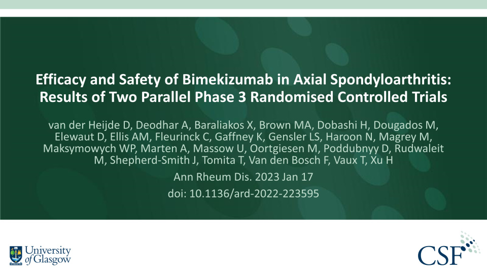 Publication thumbnail: Efficacy and Safety of Bimekizumab in Axial Spondyloarthritis: Results of Two Parallel Phase 3 Randomised Controlled Trials