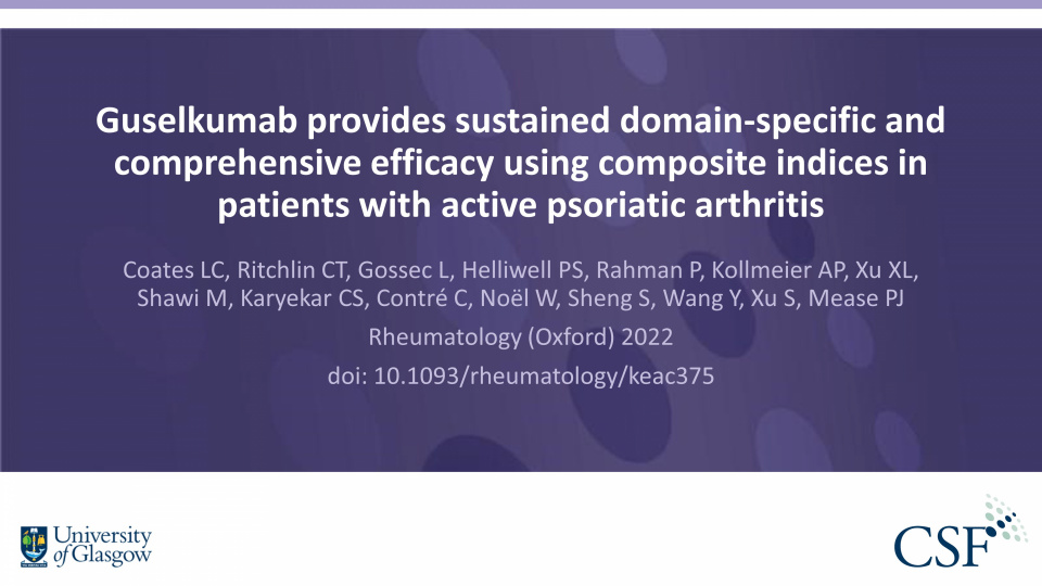 Publication thumbnail: Guselkumab provides sustained domain-specific and comprehensive efficacy using composite indices in patients with active psoriatic arthritis