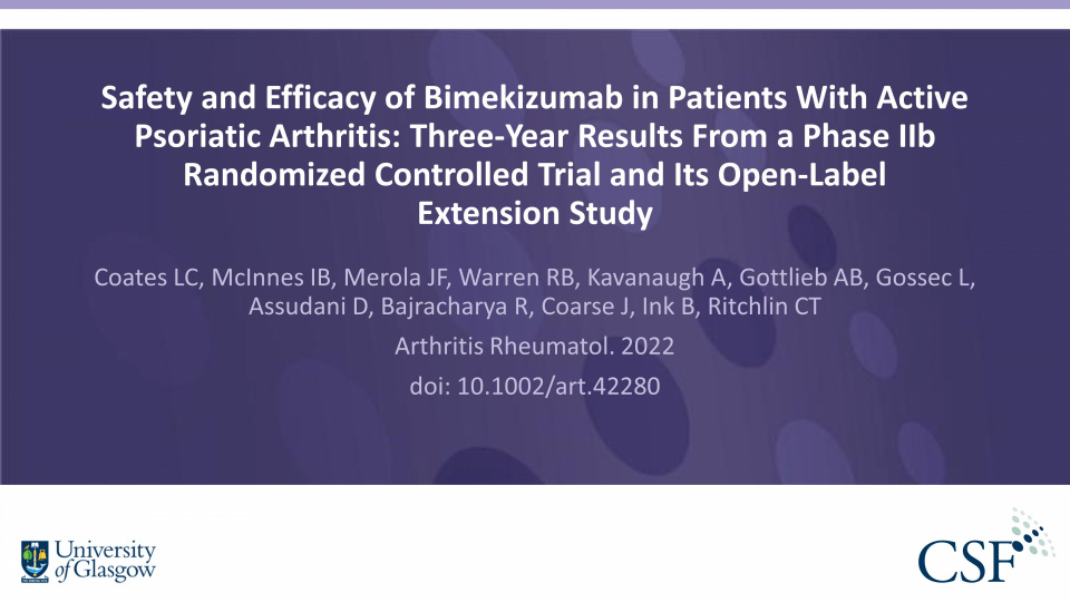 Publication thumbnail: Safety and Efficacy of Bimekizumab in Patients With Active Psoriatic Arthritis: Three-Year Results From a Phase IIb Randomized Controlled Trial and Its Open-Label  Extension Study