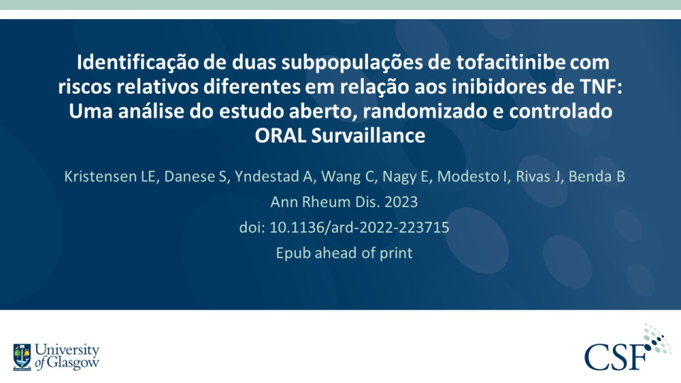 Publication thumbnail: Identificação de duas subpopulações de tofacitinibe com riscos relativos diferentes em relação aos inibidores de TNF: Uma análise do estudo aberto, randomizado e controlado ORAL Survaillance